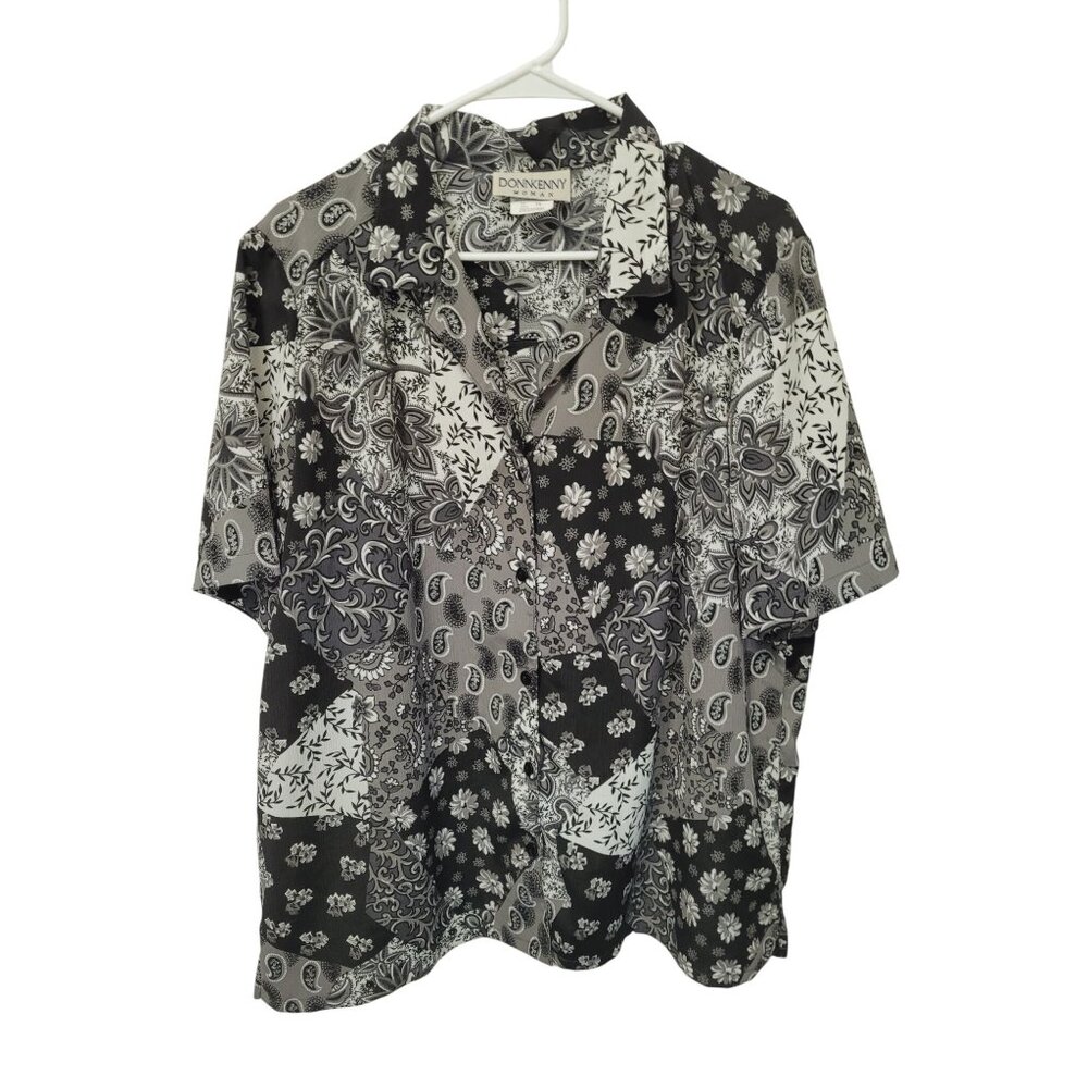 Donkenny Womens  Shirt 1X Black White Paisley Patchwork Button-Up 100% Polyester